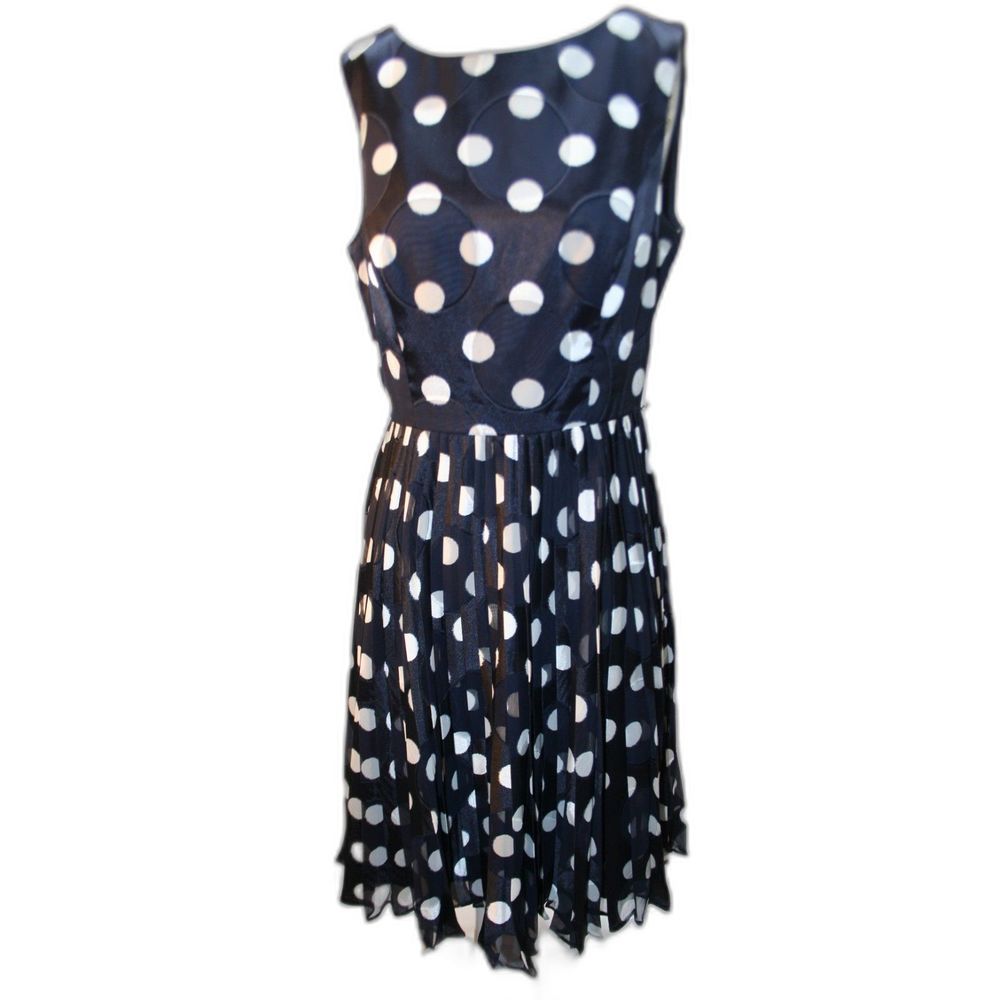 Adrienne Papell Navy Blue White Polka Dot Sleveless Fit n Flare Pleated Dress 8